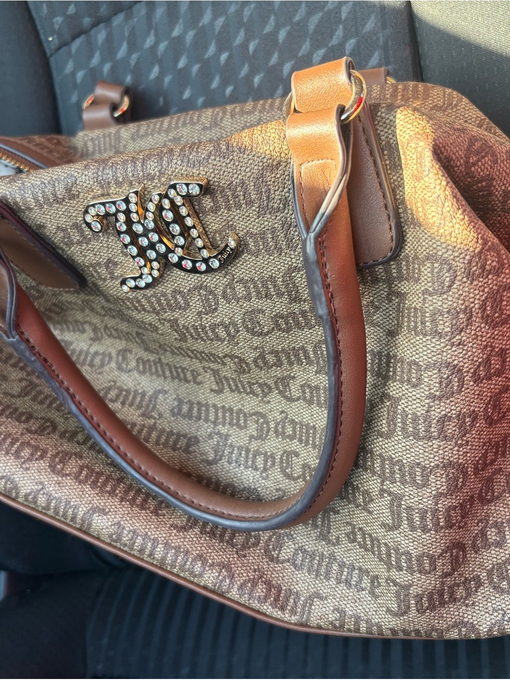 Juicy Couture Brown Logo Jacquard Satchel with Crystal Logo Pin